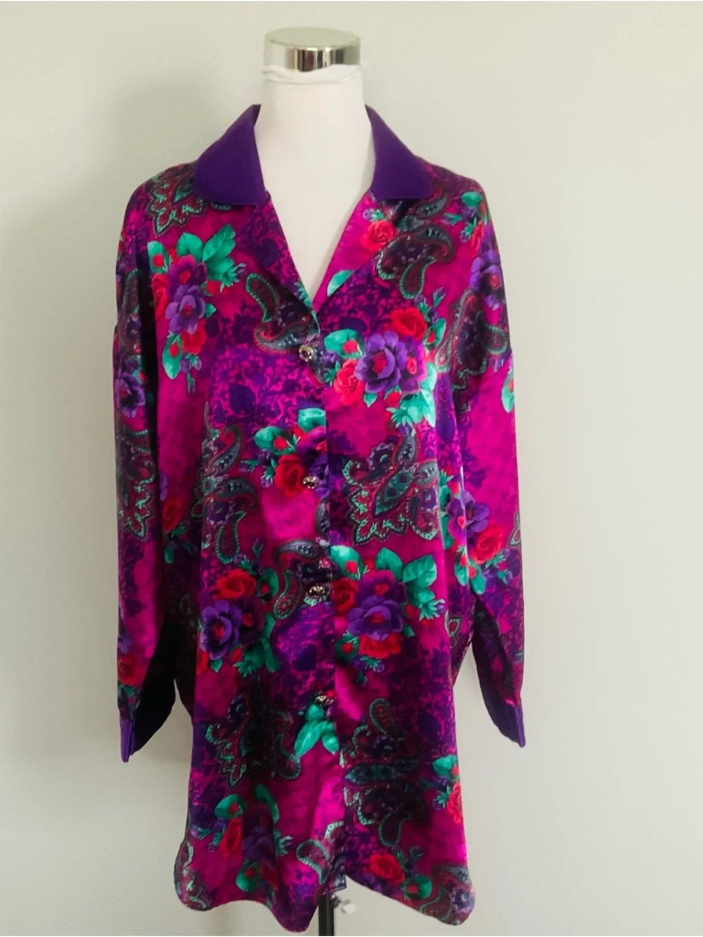 Victoria Secret Floral Multi Colored Night Shirt Long Sleeve Collared M/L-VTG